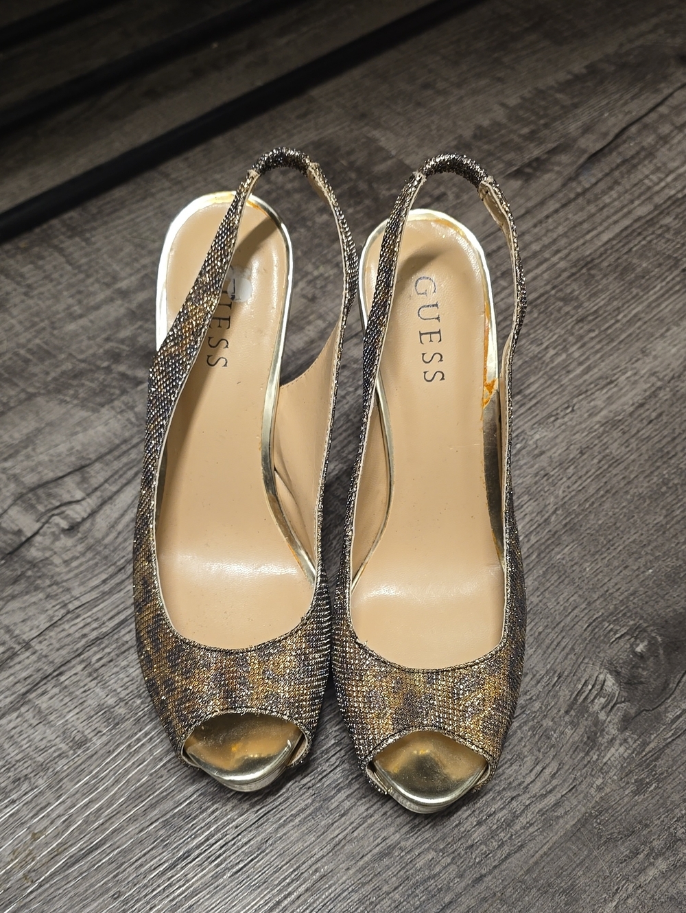 GUESS Metallic Gold Peep-Toe Slingback Heels - Gold